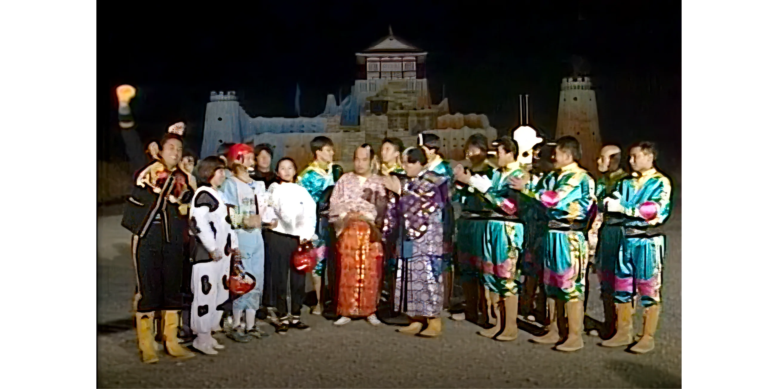 General Tani and his victorious army celebrate as Count Takeshi and his guards applaud in front of the castle - Takeshi's Castle Winners